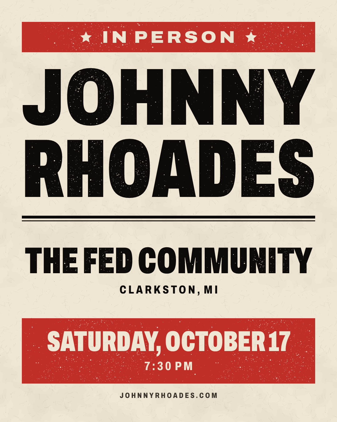 Poster: Johnny Rhoades at The Fed Community, Clarkston, Saturday, October 17, 7:30 pm.